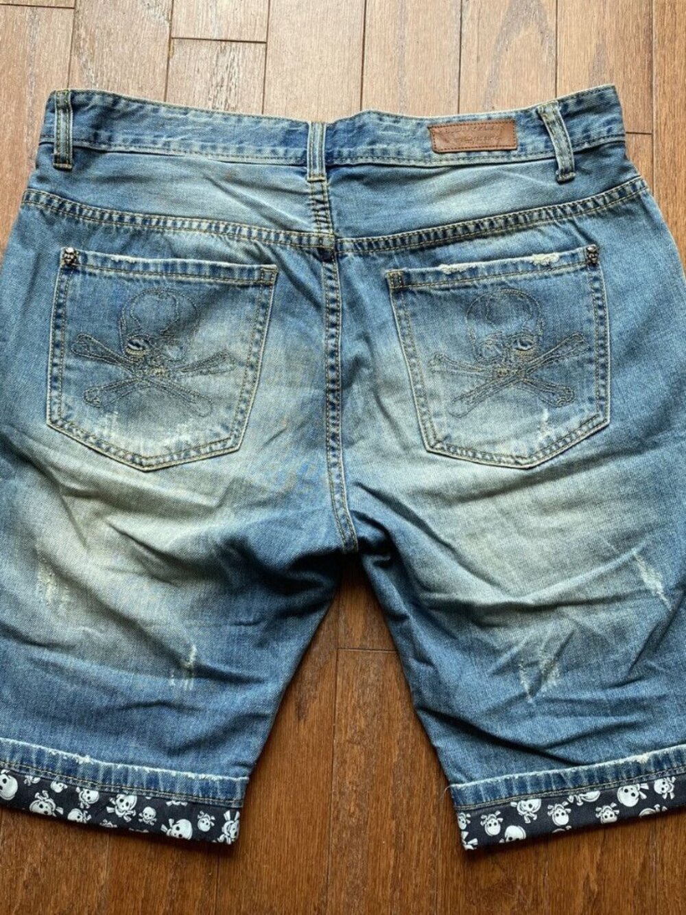 Philipp Plein Double Skull Denim Jean Shorts Jorts 34 Waist